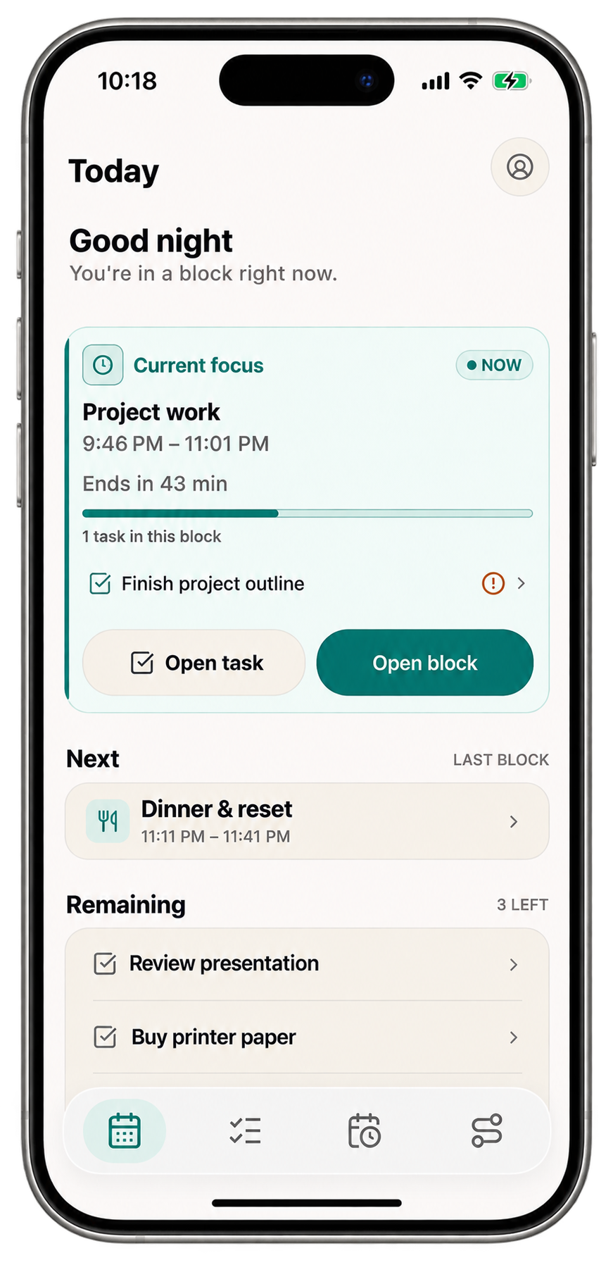 LifeOS Today on iPhone, showing Current focus, Next, and Remaining