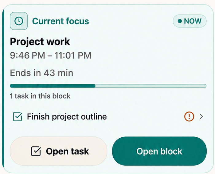 Current focus: Project work, its linked tasks, and reserved time